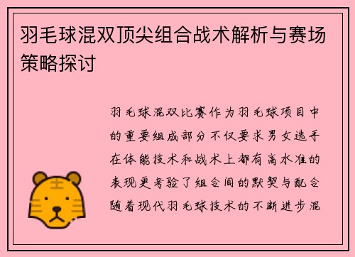 羽毛球混双顶尖组合战术解析与赛场策略探讨